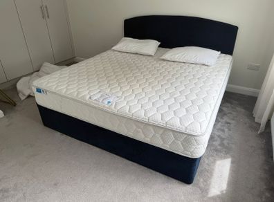 Navy super king bed, mattress,base and headboard