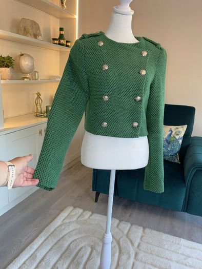 Green Tweed Textured Weave Jacket with Gold Buttons from Zara
