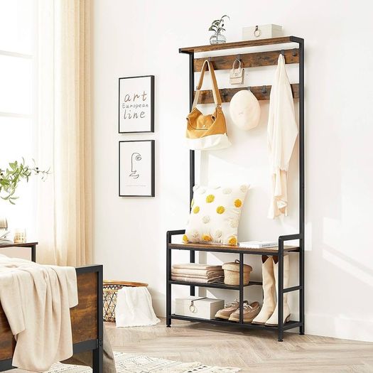 Coat Rack, Hall Tree with 8 Hooks, Shoe Bench, Storage Shelves, for Entryway, Bedroom, Steel Frame, Industrial Style, Rustic Brown and Black