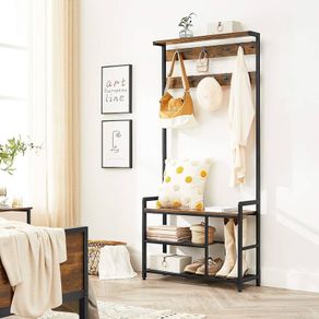 Coat Rack, Hall Tree with 8 Hooks, Shoe Bench, Storage Shelves, for Entryway, Bedroom, Steel Frame, Industrial Style, Rustic Brown and Black