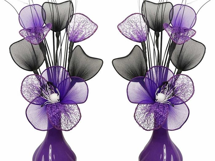 Matching Pair of Purple Vases with Purple Artificial Flowers, Ornaments Small Gift Home Accessories