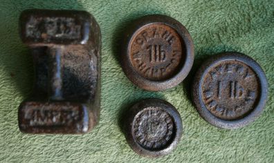 Vintage Old Handmade Rustic Iron Weight Measurement Seer Scale Rare 4 Piece