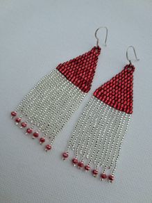 Red fringe earrings, silver earhooks