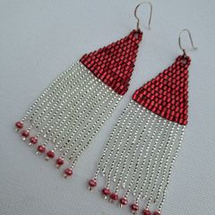 Red fringe earrings, silver earhooks