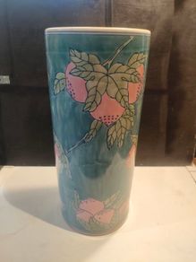 15" Early 20th Century Chinese Hand painted Cylinder Vase