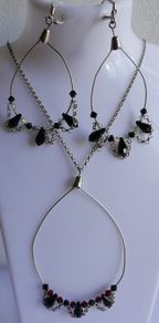 Vintage Sterling Silver Black and Red Crystal Necklace and Earring Set