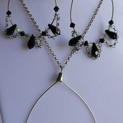 Vintage Sterling Silver Black and Red Crystal Necklace and Earring Set