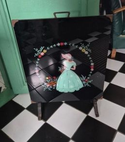 Vintage painted glass Art Deco fire screen