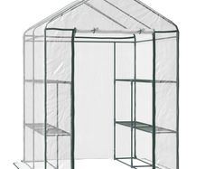 Walk in Greenhouse, 3-Tier Green House with 8 Shelves, Hemmed Cover and Roll-up Zipped Door, Steel Frame, 143 x 143 x 195 cm