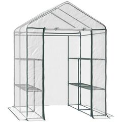 Walk in Greenhouse, 3-Tier Green House with 8 Shelves, Hemmed Cover and Roll-up Zipped Door, Steel Frame, 143 x 143 x 195 cm