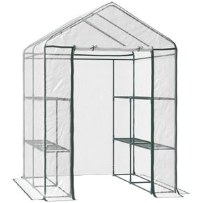 Walk in Greenhouse, 3-Tier Green House with 8 Shelves, Hemmed Cover and Roll-up Zipped Door, Steel Frame, 143 x 143 x 195 cm