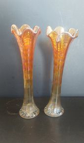 Fabulous Pair of Antique/Vintage Imperial Glass Company Carnival Glass Ripple Swung Vases in the Ombre Marigold Opalescent Colourway, Circa 1907 -1930, Priced as a Pair