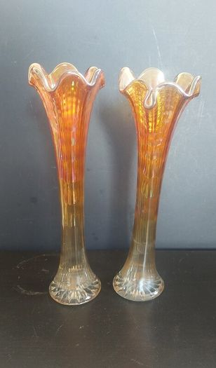Fabulous Pair of Antique/Vintage Imperial Glass Company Carnival Glass Ripple Swung Vases in the Ombre Marigold Opalescent Colourway, Circa 1907 -1930, Priced as a Pair