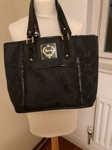 Harrods Black Tote - Shopper Bag with gold hardware and black patent trim