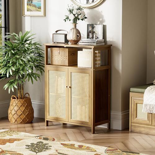 Rattan Bathroom Floor Cabinet, Bamboo Storage Cupboard with 2 Doors, Freestanding Living Room Sideboard, Space Saving Entryway Storage Unit, Walnut