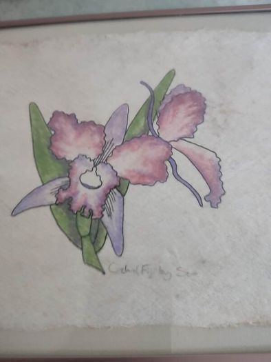 lovely framed water coulure still life of flower signed.