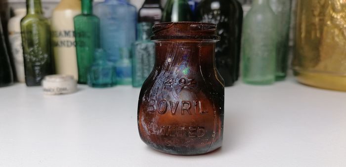 66 - Beautiful Vintage 4oz Bovril Dark Brown Glass Embossed Letters Jar