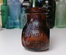 66 - Beautiful Vintage 4oz Bovril Dark Brown Glass Embossed Letters Jar