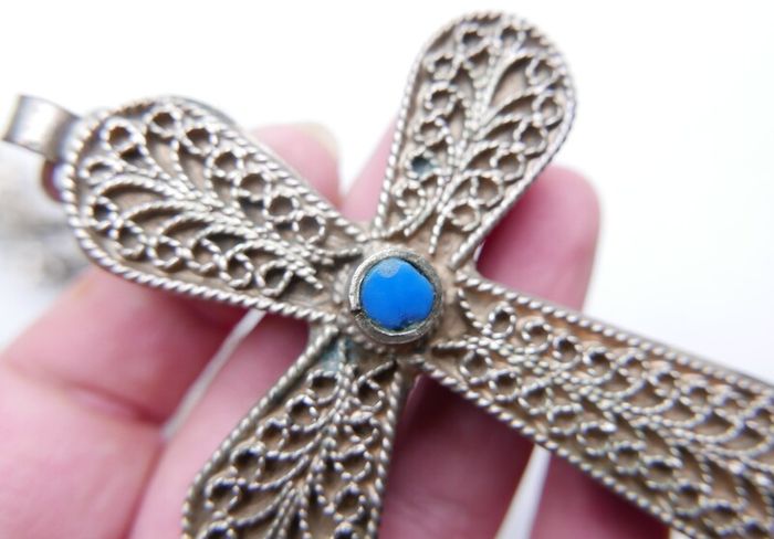 Vintage Turquoise  Large 4" Cross Pendant and unusual Chain length 34"