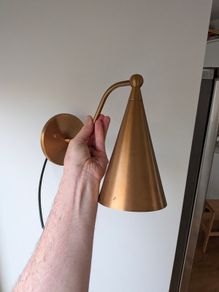 Mid century style raw brass wall sconces (x2), unused
