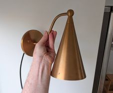 Mid century style raw brass wall sconces (x2), unused