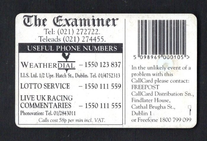 1996 Ireland 10 unit Examiner newspaper with slogan "The Examiner - a conversation piece (Gemplus GEM1) Call Card used. Telecom Eireann card number 1114