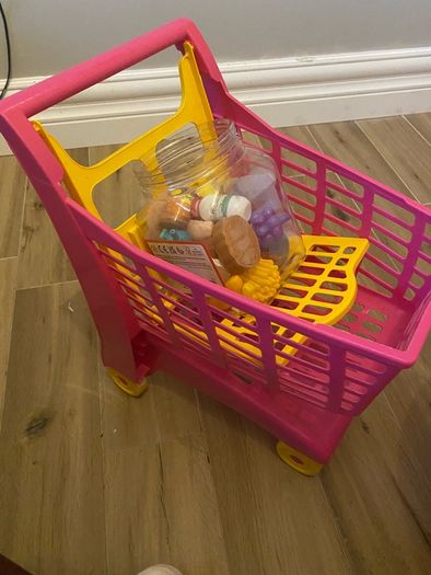 Toy trolley, food, till
