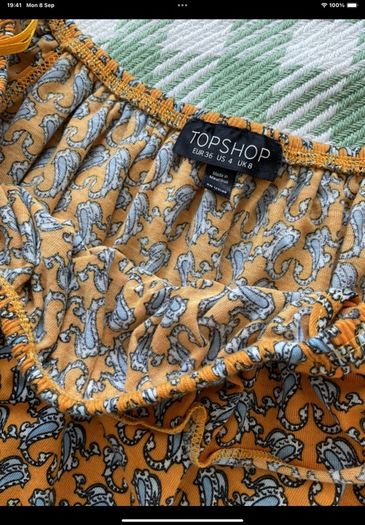 topshop size 8 off shoulder mustard pattern top
