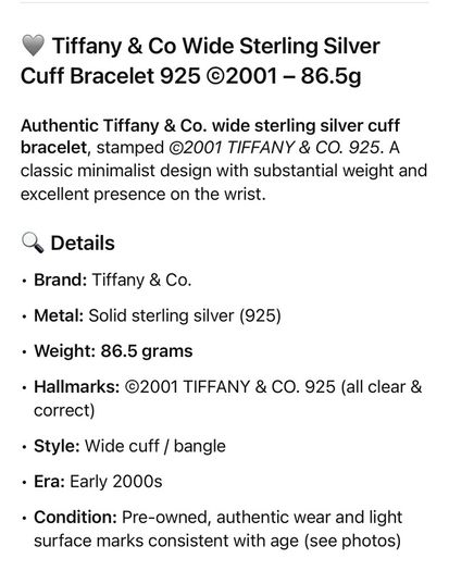Tiffany & Co Wide Cuff Sterling Silver Bracelet Bangle 2001