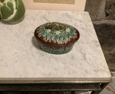 : Rare 19th Century George Jones Majolica Oval Lidded Box / Dish with Sleeping Calf Finial