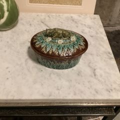 : Rare 19th Century George Jones Majolica Oval Lidded Box / Dish with Sleeping Calf Finial