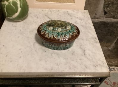 : Rare 19th Century George Jones Majolica Oval Lidded Box / Dish with Sleeping Calf Finial