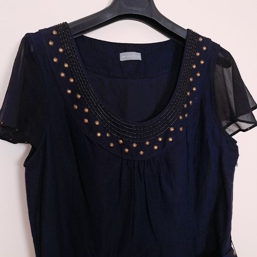 Per Una Navy Blue Linen Embellished Scoop Neck Chiffon Flutter Sleeve Midi Dress 14UK/42EU