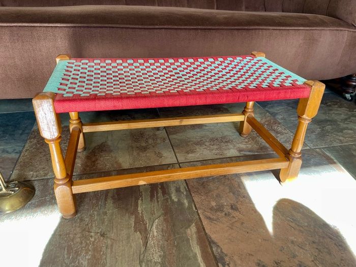 Rare Vintage Long Sugan Style Ottoman Stool Bench Woven with Red Green Cotton Rope