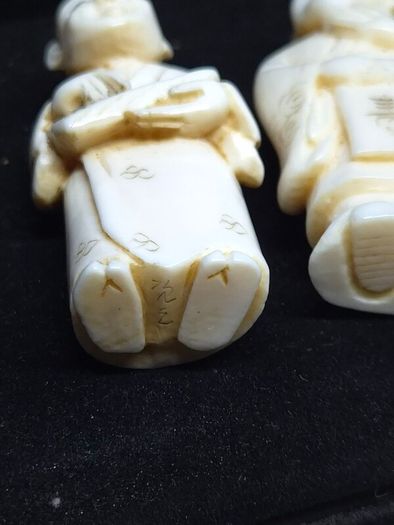 Antique Chinese Hand Carved Scholar Figures Signed Pair