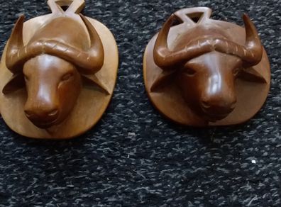 Vintage : Handcarved Wooden Water Buffalo Wall Plaques