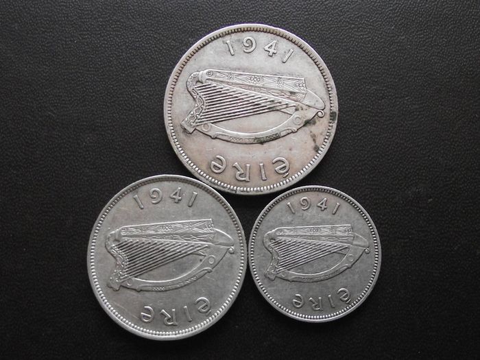 1941 Irish Republic. Set of 3 Silver Coins: Half Crown&Florin&Shilling