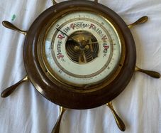 Vintage Western Germany Brass Wood Ship Wheel Maritime nautical Barometer