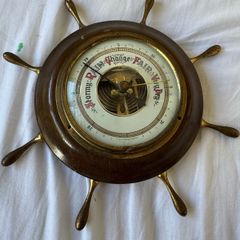 Vintage Western Germany Brass Wood Ship Wheel Maritime nautical Barometer