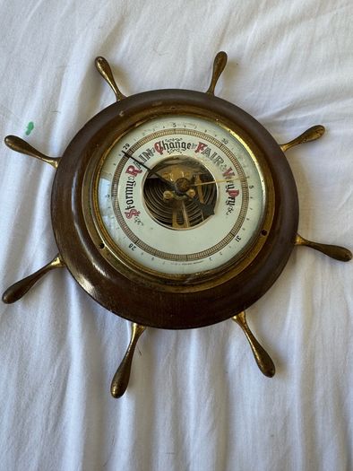 Vintage Western Germany Brass Wood Ship Wheel Maritime nautical Barometer
