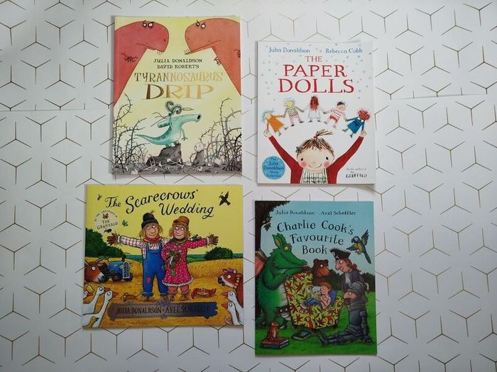 Julia Donaldson books: Paper dolls, the scarecrows wedding, Charlie Cook's favourite book, Tyrannosaurus drip
