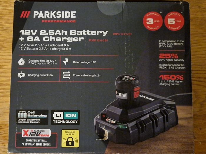Parkside 12V 2Ah battery with 6A fast charger