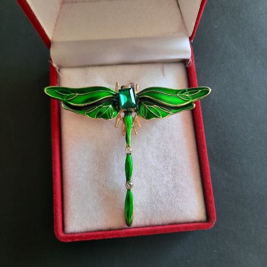 Green Crystal & Enamel Dragonfly Brooch Shawl Pin Badge Insect Fly Bug Vintage Styl