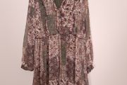Zara Green Brown Earth Tone Patchwork Floral Long Sleeve Boho Tunic Mini Dress Size L