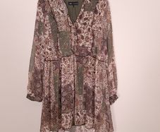 Zara Green Brown Earth Tone Patchwork Floral Long Sleeve Boho Tunic Mini Dress Size L