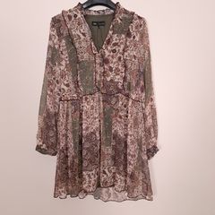 Zara Green Brown Earth Tone Patchwork Floral Long Sleeve Boho Tunic Mini Dress Size L