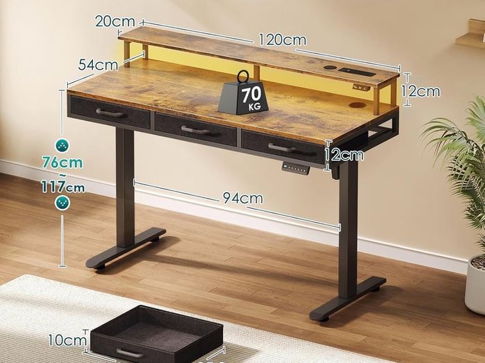 Standing Desk with 3 Storage Drawers, 120cm Height Adjustable Desk Electric Sit Stand Table with Monitor Stand, LED Lights, Power Outlet, Space Saving for Small Home Office Living Room, Brown