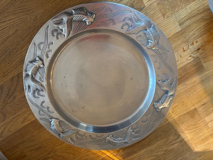 Large Decorative Pewter Dish with Koi Fish Engraving