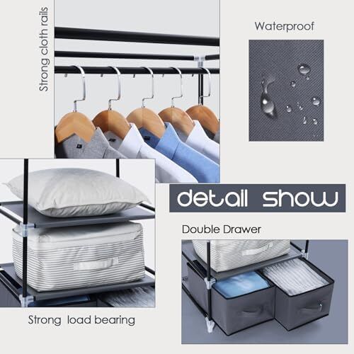 Portable Wardrobe Single Canvas Wardrobe Clothes Storage Organizer with 2 Drawers and Hanging Rail Foldable Closet for Clothes, Bags, Toys, Shoes, Living Room, Bedroom 160 x 59 x 43CM (Grey)