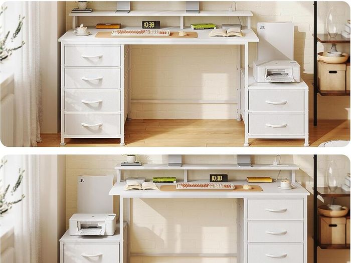 128cm Desk with Fabric File Cabinet Computer Shelves and Drawers Writing Table Monitor Stand Study Workstation for Home Office White